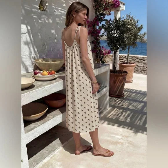 Chic Cream Brown Bow Midi Dress New Comfy Cozy Everyday Wear Boutique - Picture 4 of 6